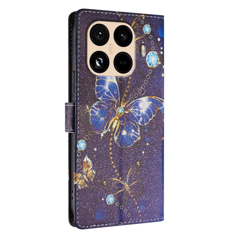Folio-hoesje Xiaomi 15t Pro Telefoonhoesje Gouden En Blauwe Vlinders