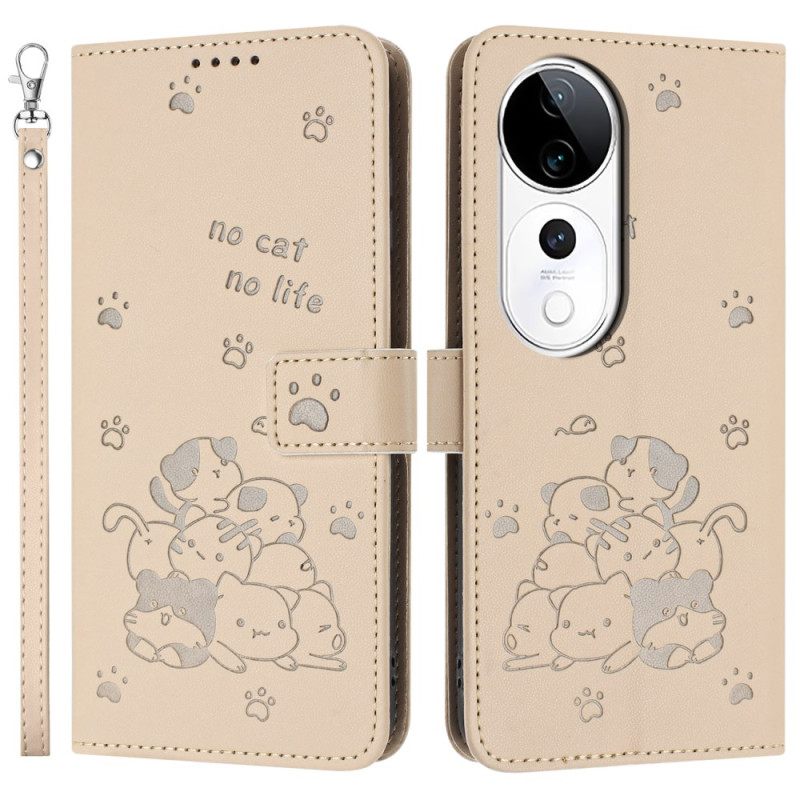 Flip Case Leren Vivo V40 5g Kattenpatroon Met Bandje