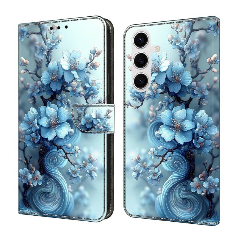 Flip Case Leren Samsung Galaxy S26 Plus Ijsblauwe Bloemen