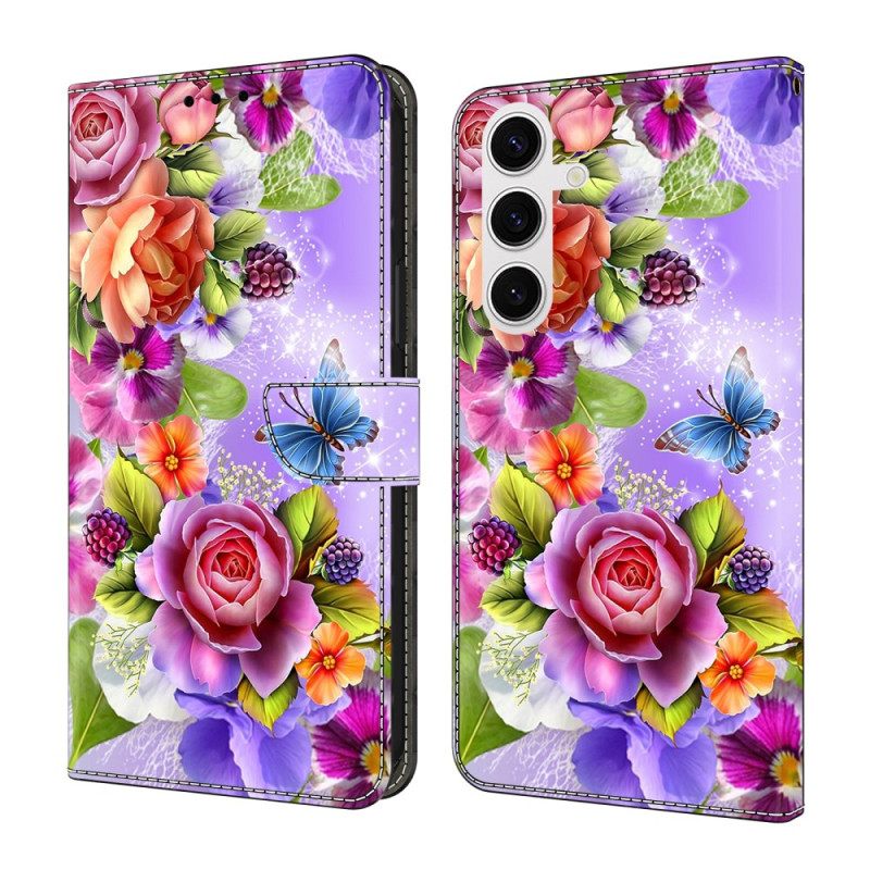 Flip Case Leren Samsung Galaxy S26 Plus Schitterende Bloemen