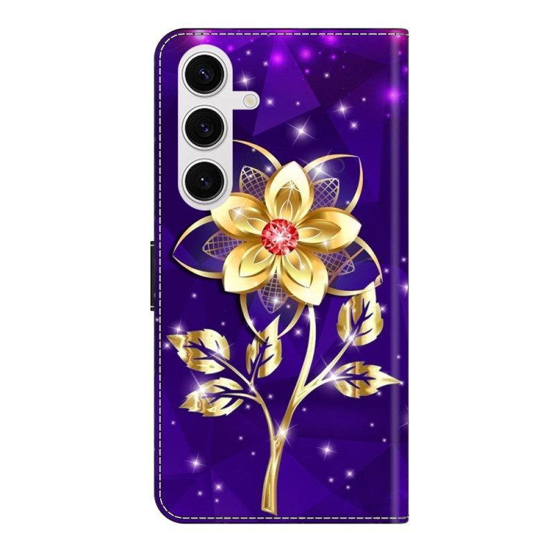 Folio-hoesje Samsung Galaxy S26 Plus Telefoonhoesje Gouden Bloemen Op Een Paarse Achtergrond