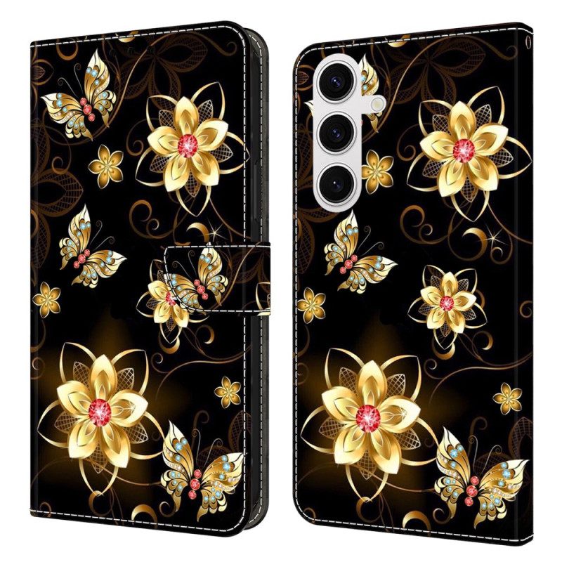 Folio-hoesje Samsung Galaxy S26 Plus Telefoonhoesje Gouden Bloemen En Vlinders