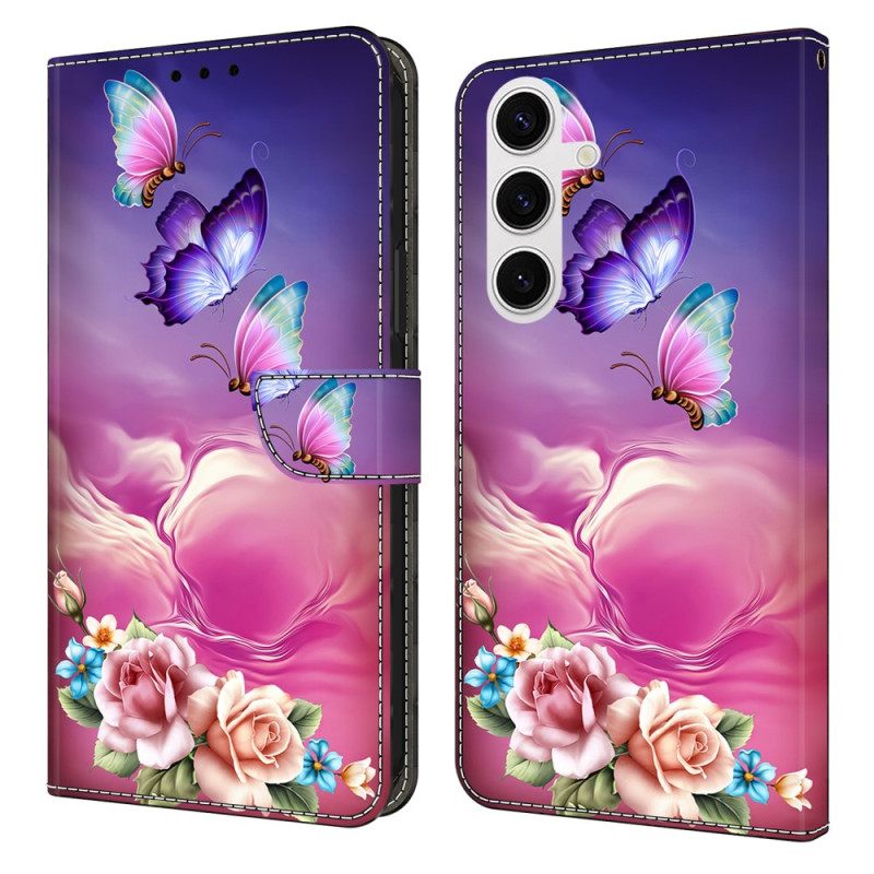 Leren Hoesje Samsung Galaxy S26 Plus Bloemen-vlinderpatroon Bescherming Hoesje