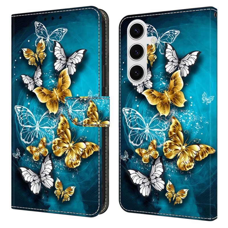 Leren Hoesje Voor Samsung Galaxy S26 Plus Gouden Vlinder Op Groen