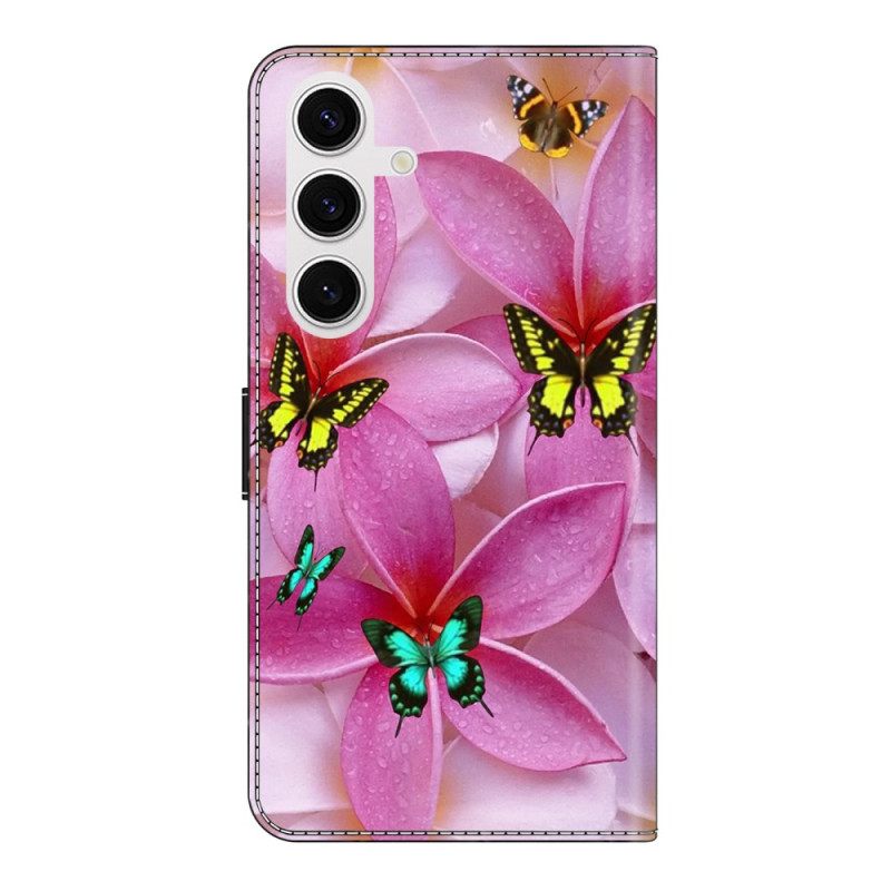 Leren Hoesje Voor Samsung Galaxy S26 Plus Roze Bloemenvlinders