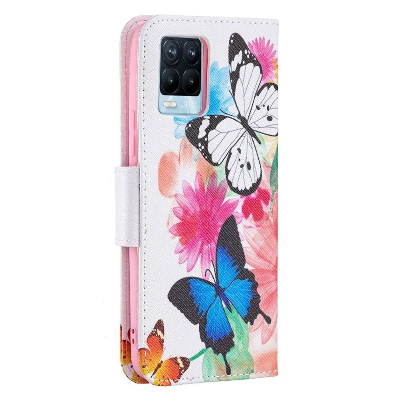Folio-hoesje voor Realme 8 / 8 Pro Vlinders En Kleurrijke Bloemen