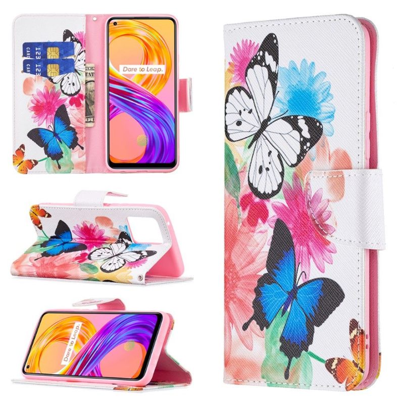 Folio-hoesje voor Realme 8 / 8 Pro Vlinders En Kleurrijke Bloemen