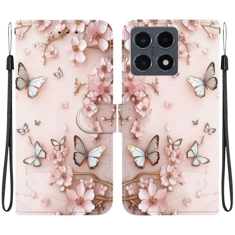 Folio-hoesje Xiaomi 15t Telefoonhoesje Roségouden Vlinders En Bloemen
