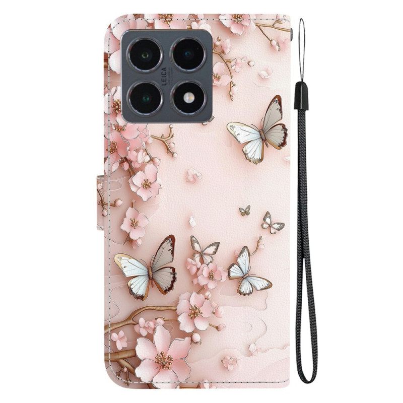Folio-hoesje Xiaomi 15t Telefoonhoesje Roségouden Vlinders En Bloemen