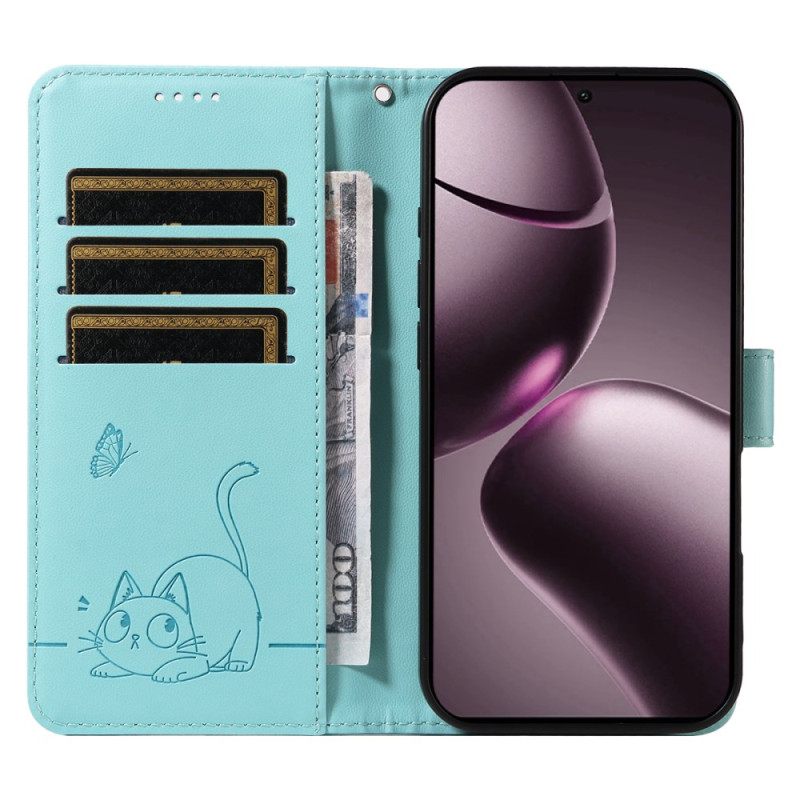 Leren Hoesje Voor Xiaomi 15t Bandje Met Kattenmotief