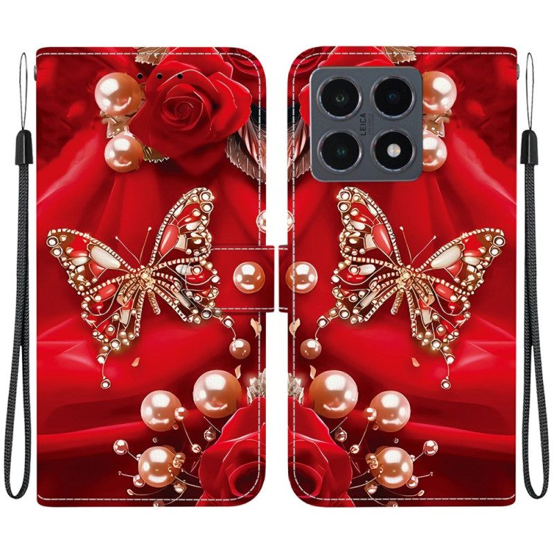 Leren Hoesje Xiaomi 15t Vlinders En Parels Bescherming Hoesje