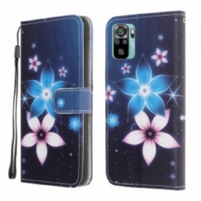 Flip Case voor Xiaomi Redmi Note 10 / 10S Met Ketting Maanband Bloemen
