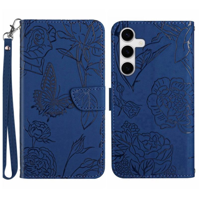 Leren Hoesje Samsung Galaxy S25 Fe Bandje Met Vlinderprint