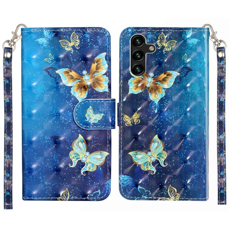 Leren Hoesje Samsung Galaxy S25 Fe Blauw-gouden Vlinders Met Koord