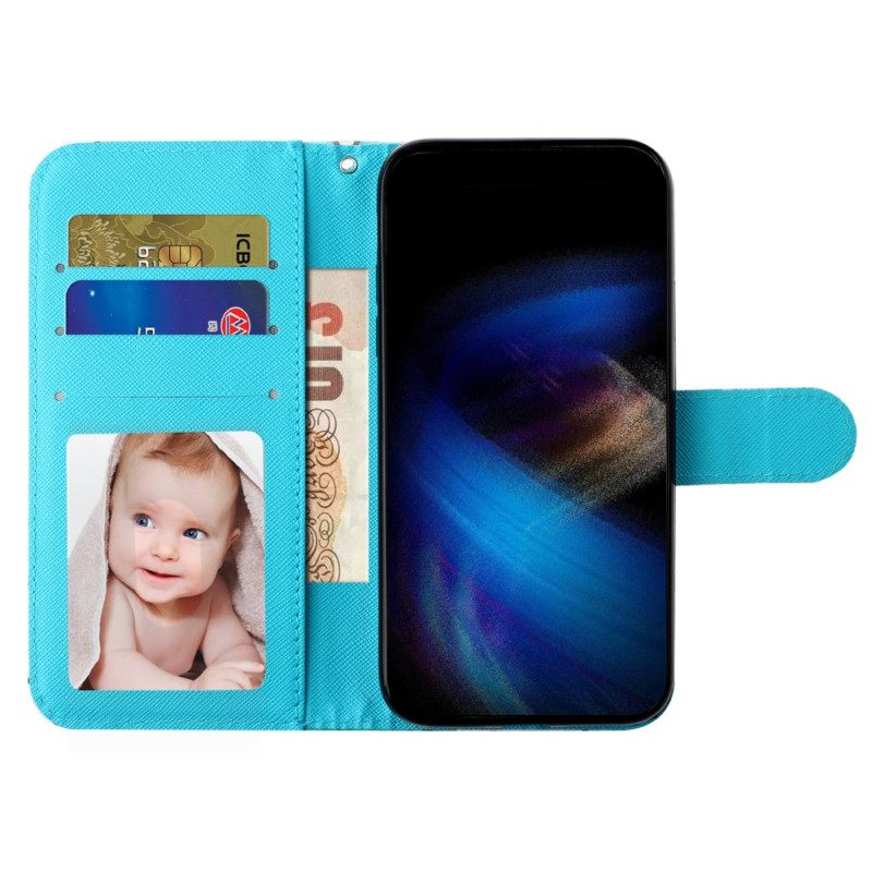 Leren Hoesje Samsung Galaxy S25 Fe Blauw-gouden Vlinders Met Koord