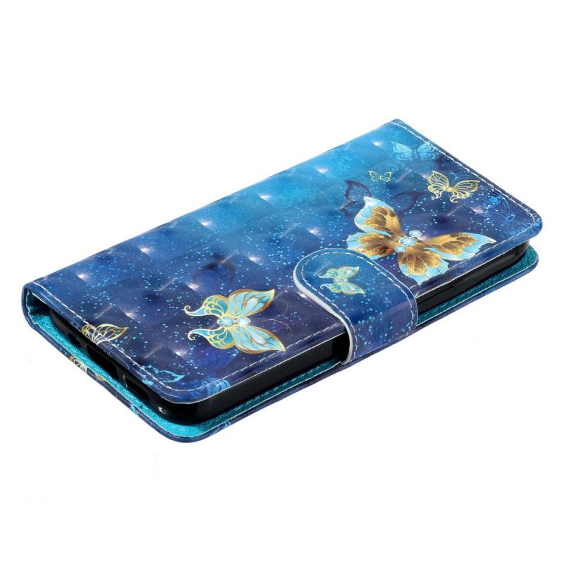 Leren Hoesje Samsung Galaxy S25 Fe Blauw-gouden Vlinders Met Koord