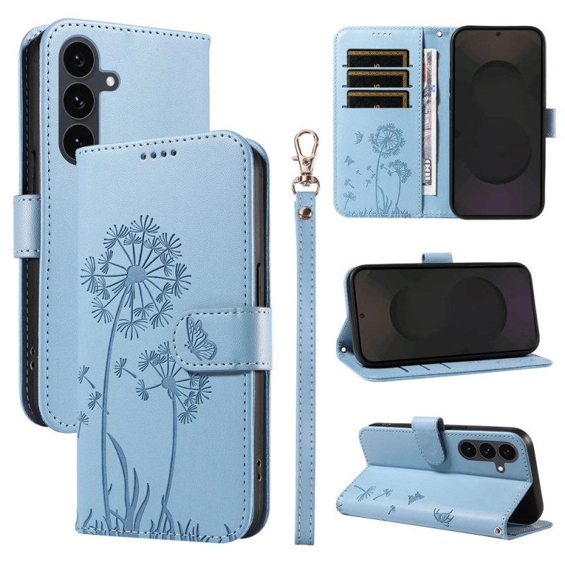 Leren Hoesje Samsung Galaxy S25 Fe Paardenbloempatroon Met Bandje Bescherming Hoesje