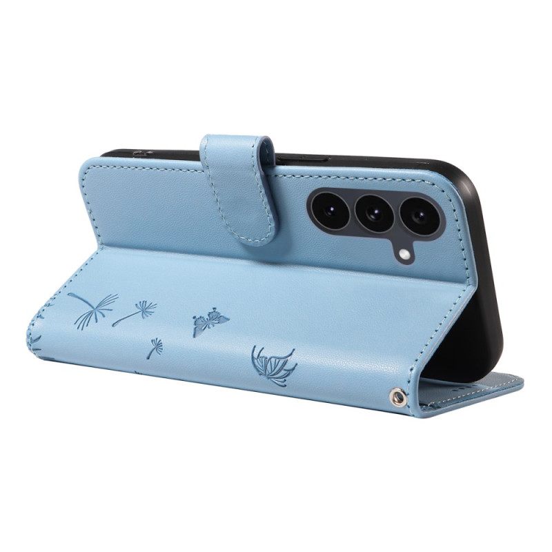 Leren Hoesje Samsung Galaxy S25 Fe Paardenbloempatroon Met Bandje Bescherming Hoesje