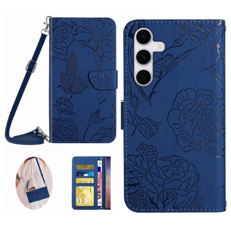 Leren Hoesje Samsung Galaxy S25 Fe Schouderband Met Vlinderprint Bescherming Hoesje