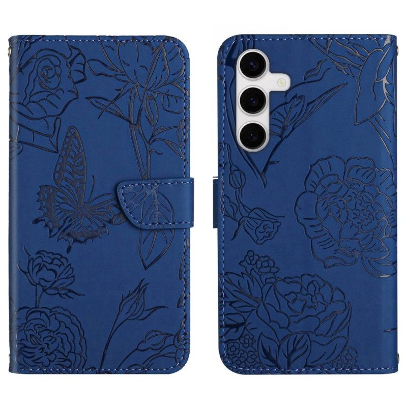 Leren Hoesje Samsung Galaxy S25 Fe Schouderband Met Vlinderprint Bescherming Hoesje
