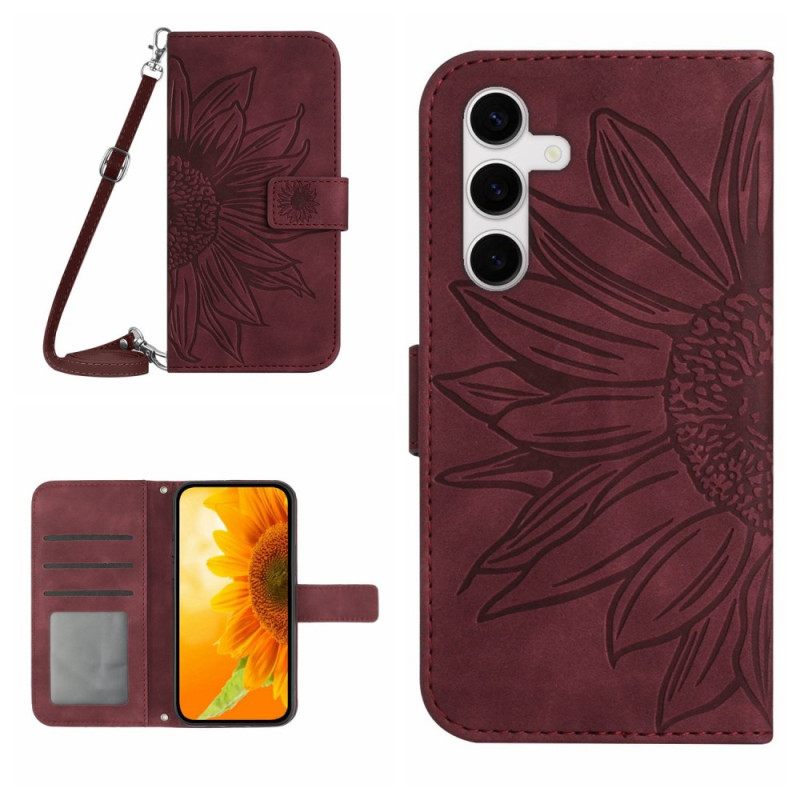 Leren Hoesje Samsung Galaxy S25 Fe Schouderband Met Zonnebloemprint Bescherming Hoesje