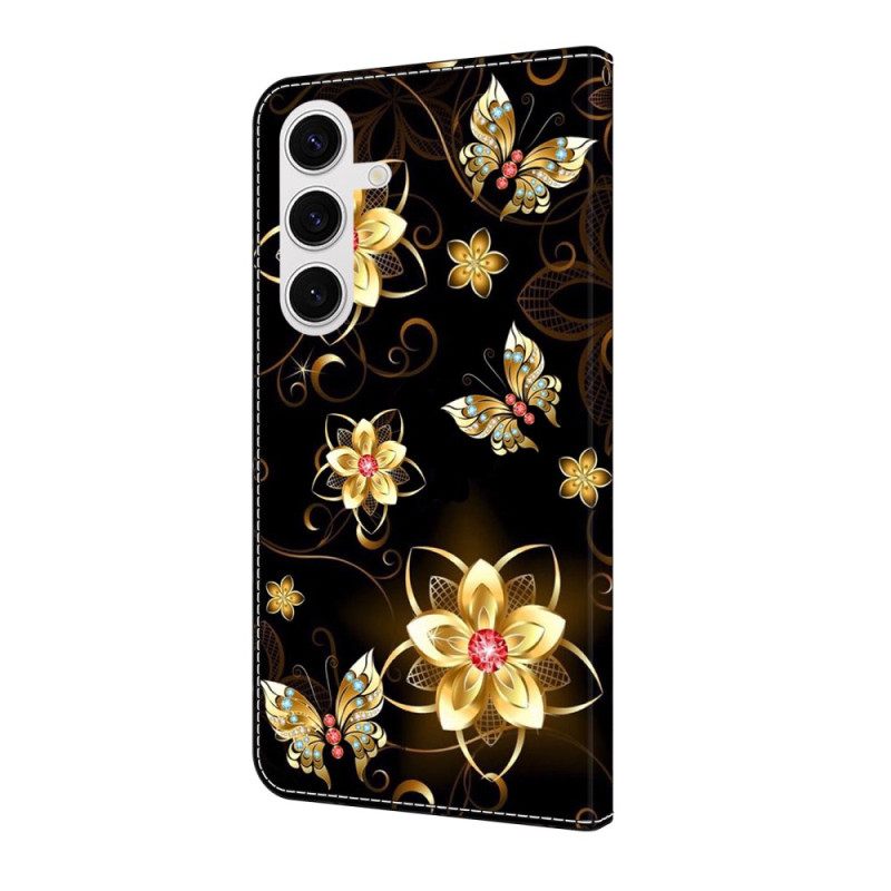 Leren Hoesje Voor Samsung Galaxy S25 Fe Gouden Bloemen En Vlinders