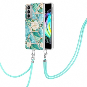 Hoesje voor Motorola Edge 20 Met Koord Marmer En Witte Bloemen