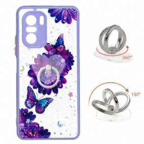 Hoesje voor Xiaomi Mi 11i / Poco F3 Paarse Bloemen En Vlinders Met Ring
