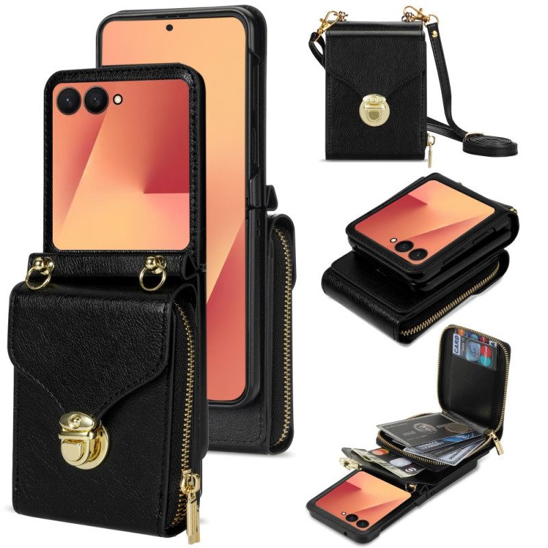 Cover Samsung Galaxy Z Flip 7 Portemonnee Met Rits En Schouderband