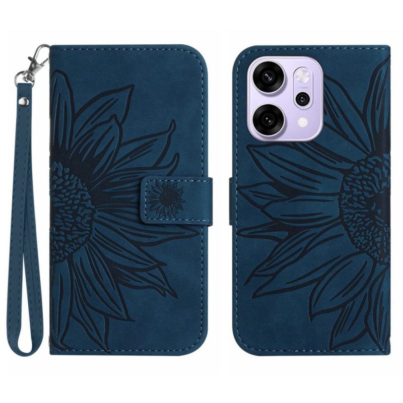Leren Hoesje Voor Oppo Reno 14 Pro 5g Zonnebloemprint Met Bandje