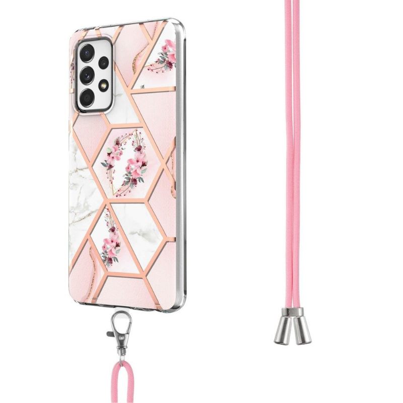 Hoesje voor Samsung Galaxy A52 5G / A52 4G / A52s 5G Met Koord Marmer En Bloemenkroon