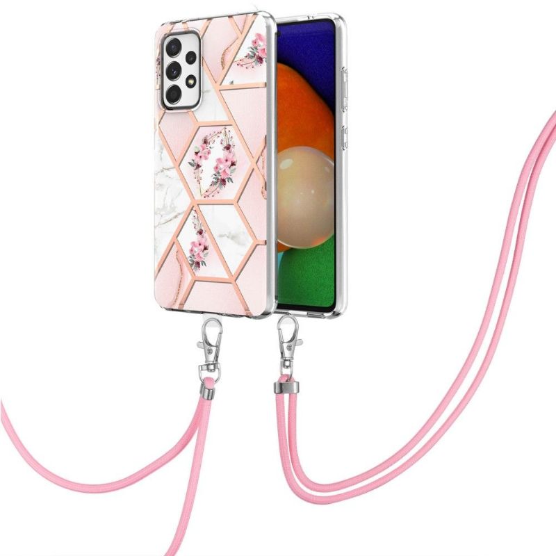 Hoesje voor Samsung Galaxy A52 5G / A52 4G / A52s 5G Met Koord Marmer En Bloemenkroon