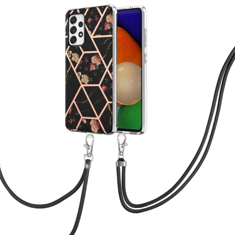 Telefoonhoesje voor Samsung Galaxy A52 5G / A52 4G / A52s 5G Bescherming Met Koord Marmer En Bloemen