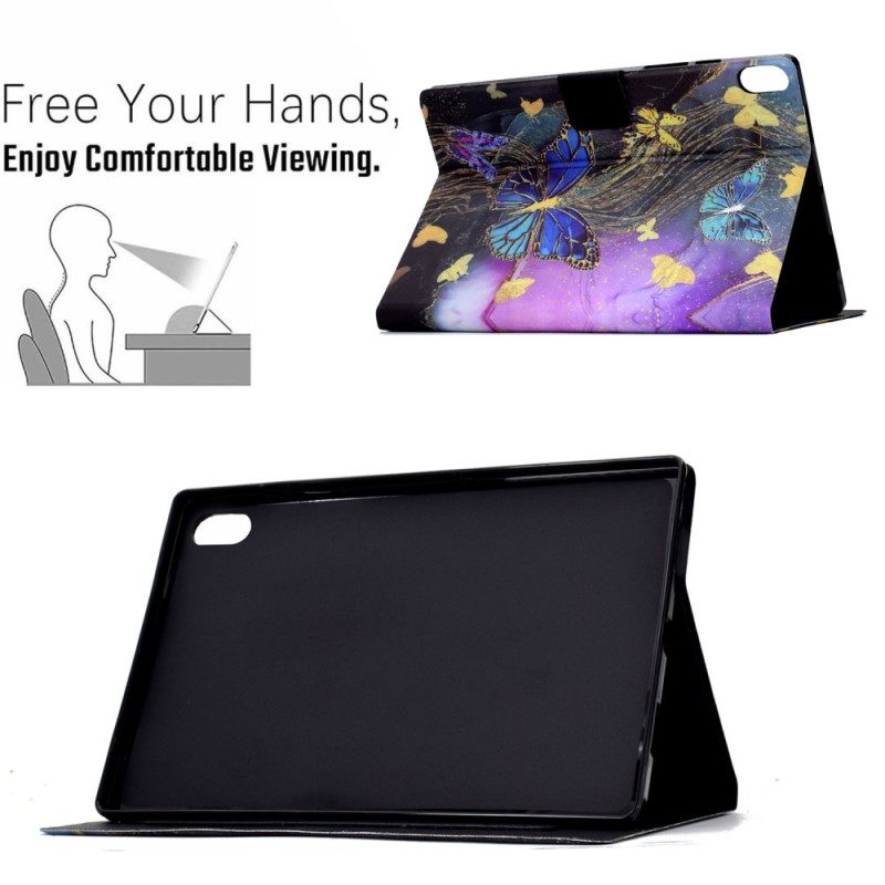 Leren Hoesje Samsung Galaxy Tab S11 Gouden En Kleurrijke Vlinders