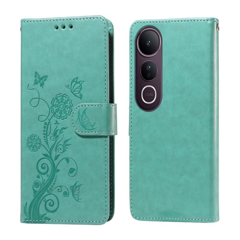 Leren Hoesje Vivo V50 Lite 5g Bloemen- En Vlinderpatroon Bescherming Hoesje