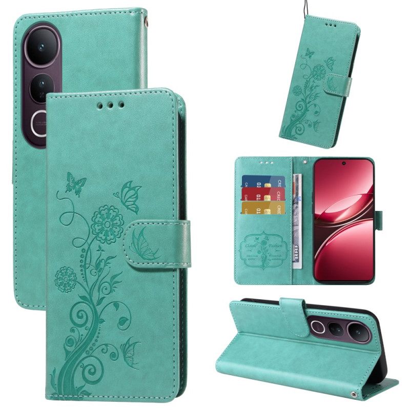 Leren Hoesje Vivo V50 Lite 5g Bloemen- En Vlinderpatroon Bescherming Hoesje