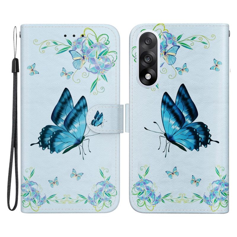 Leren Hoesje Oneplus Nord 5 Blauwe Vlinder En Bloem