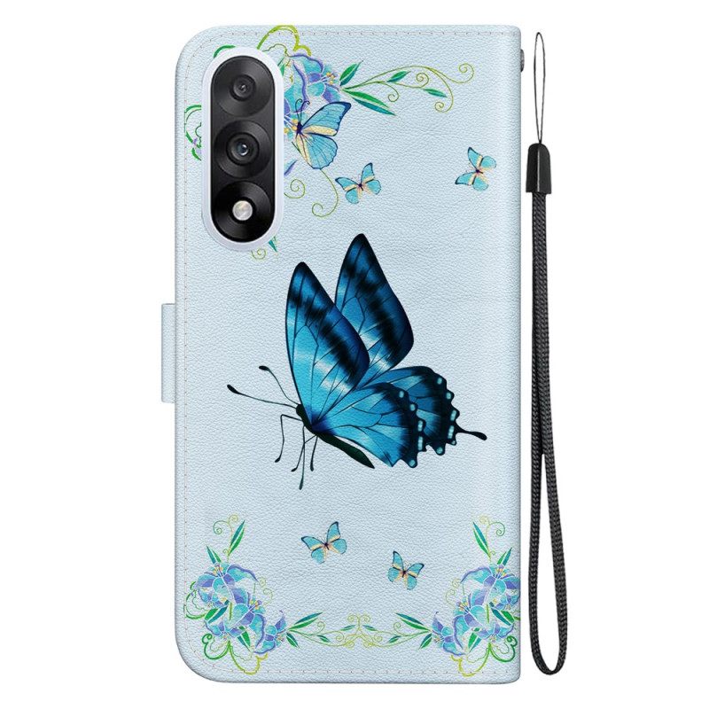 Leren Hoesje Oneplus Nord 5 Blauwe Vlinder En Bloem