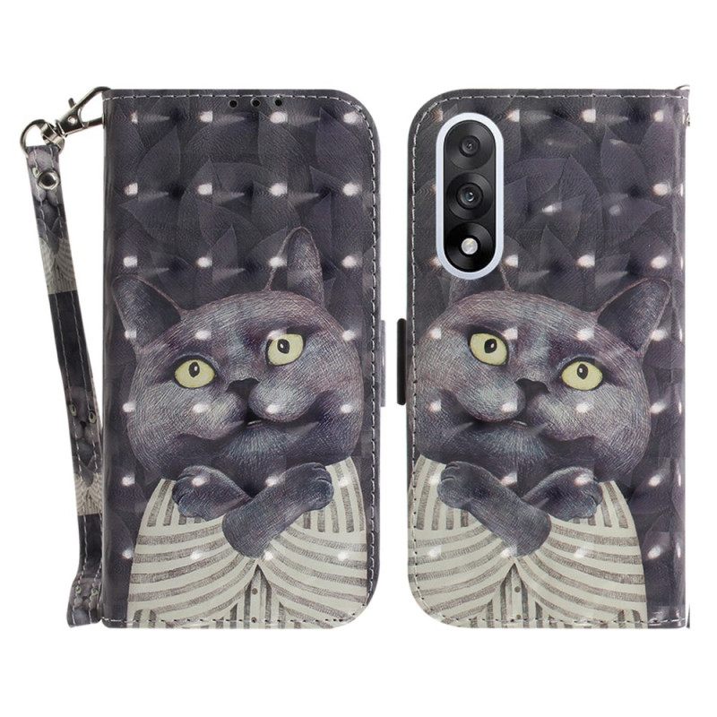 Leren Hoesje Voor Oneplus Nord 5 Grijze Kat Met Bandjes