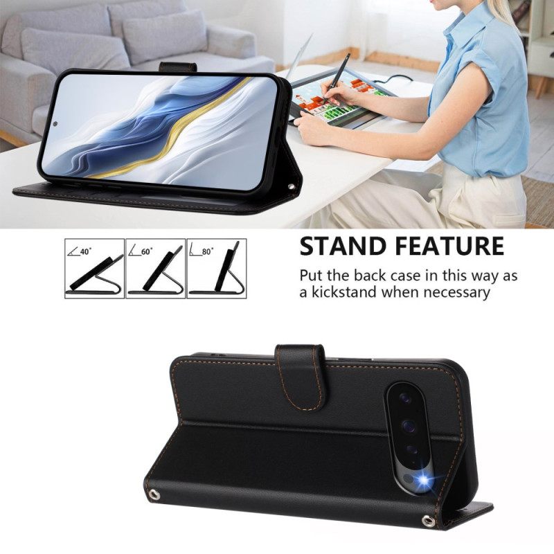 Flip Case Leren Google Pixel 10 Pro Xl Effen Kunstleer Met Bandje