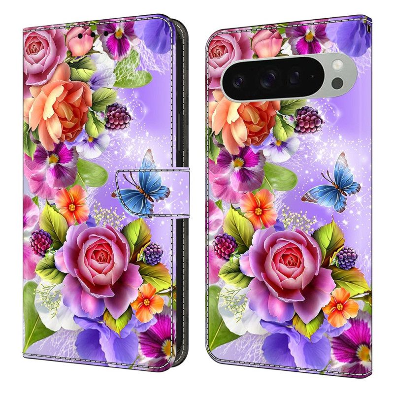 Leren Hoesje Google Pixel 10 Pro Xl Kleurrijke Bloemen