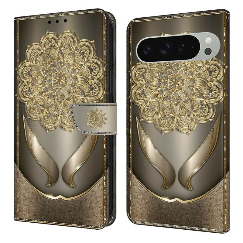 Leren Hoesje Voor Google Pixel 10 Pro Xl Gouden Bloemenpatroon