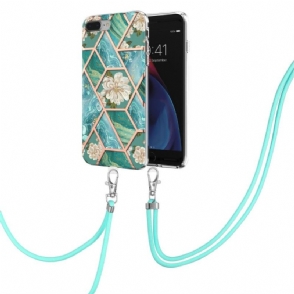 Hoesje voor iPhone 8 Plus / 7 Plus Met Koord Marmer En Witte Bloemen