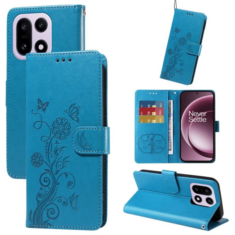 Flip Case Leren Oneplus 15 Bloemen En Vlinders