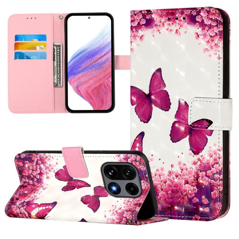 Leren Hoesje Voor Oneplus 15 Roze Vlinders