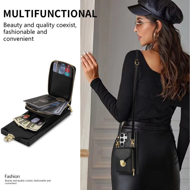 Hoesje Samsung Galaxy S25 Ultra 5g Portemonnee Met Rits En Schouderband Bescherming Hoesje