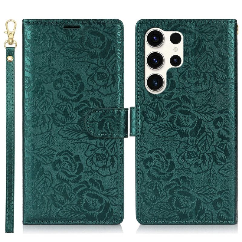 Leren Hoesje Samsung Galaxy S25 Ultra 5g Bloemenprint Met Bandje