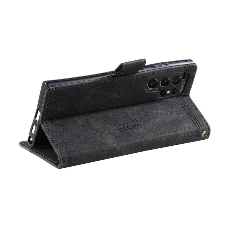 Leren Hoesje Samsung Galaxy S25 Ultra 5g Tweekleurige Rfid-portemonnee In Suède-stijl Met Bandje