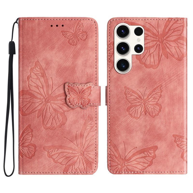 Leren Hoesje Samsung Galaxy S25 Ultra 5g Vlinders Met Suède-effect Bescherming Hoesje