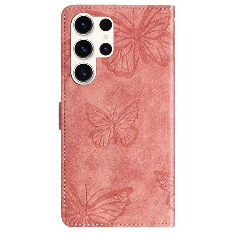 Leren Hoesje Samsung Galaxy S25 Ultra 5g Vlinders Met Suède-effect Bescherming Hoesje